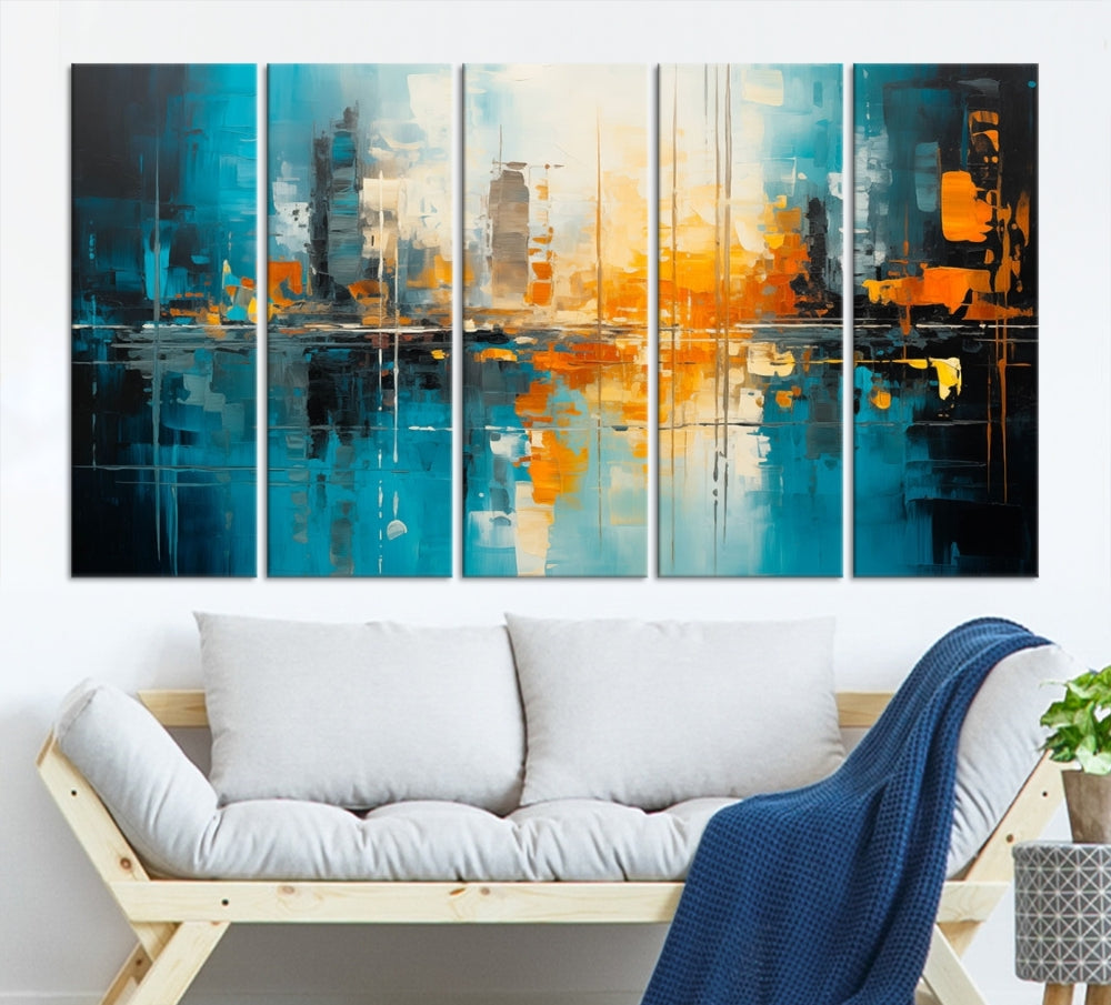 The Large Modern Abstract Wall Art Canvas Print, gallery wrapped on museum-quality canvas, enhances the modern living room setting.