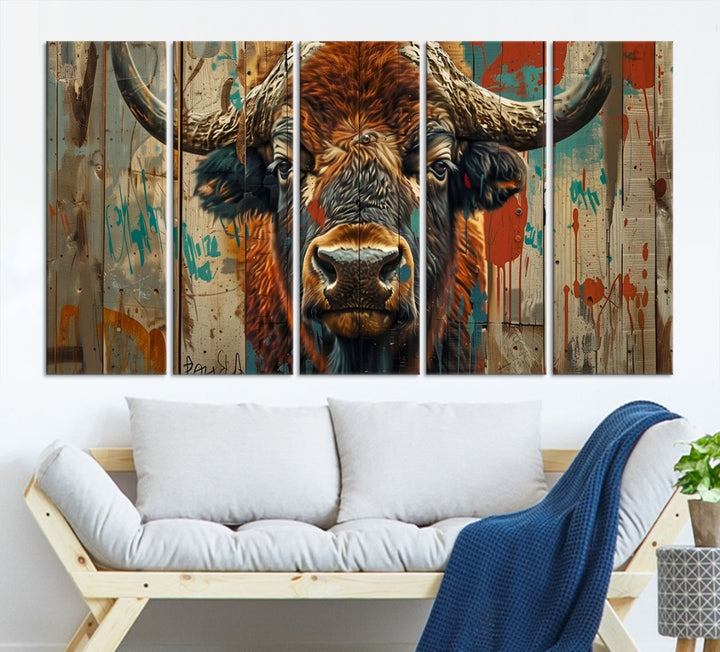 Bisonte lienzo pared arte American Buffalo Print Buffalo Impresión original Decoración rústica Arte de la pared de la granja Bison Wood fondo Large Wall Art