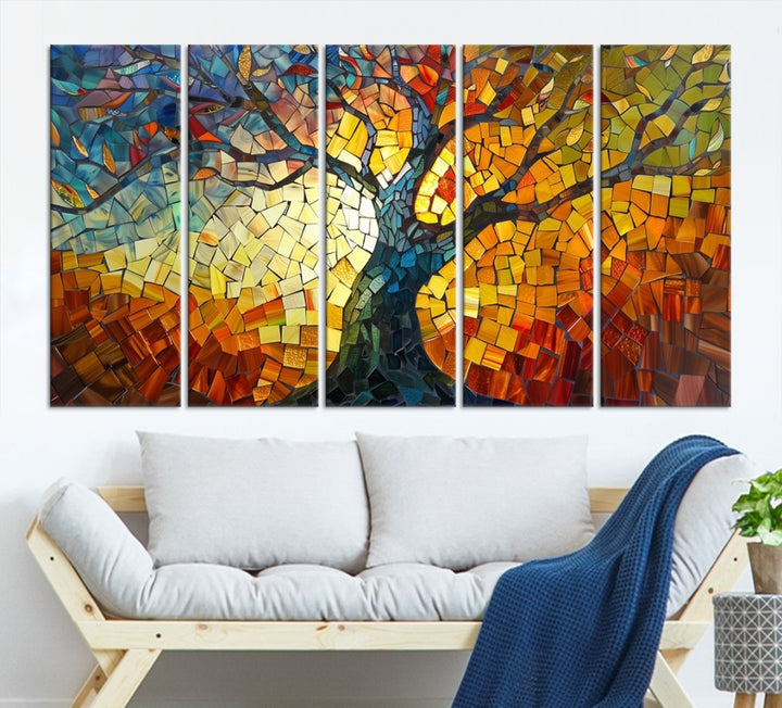 The dining area features the Mosaic Tree Canvas Wall Art, showcasing a vibrant stained glass-inspired Tree of Life called Yggdrasil with colorful leaves.