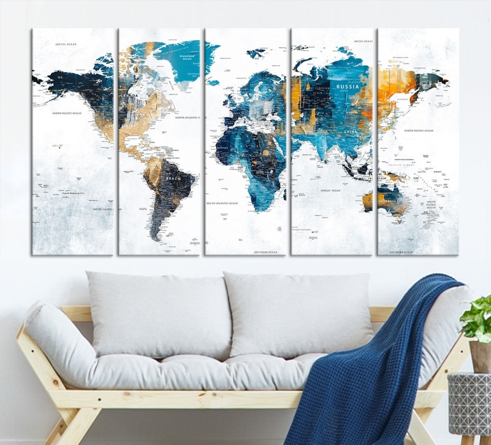 The World Map Turquoise Orange Wall Art Canvas Print, a triptych crafted on museum-quality canvases, adds aesthetic appeal and durability to the space.