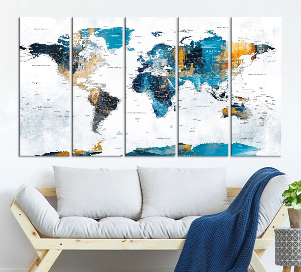 The "Turquoise Orange World Map Canvas Wall Art" showcases striking blue and orange tones. This museum-quality canvas features a UV-protective coating for enhanced durability and vibrant color retention.