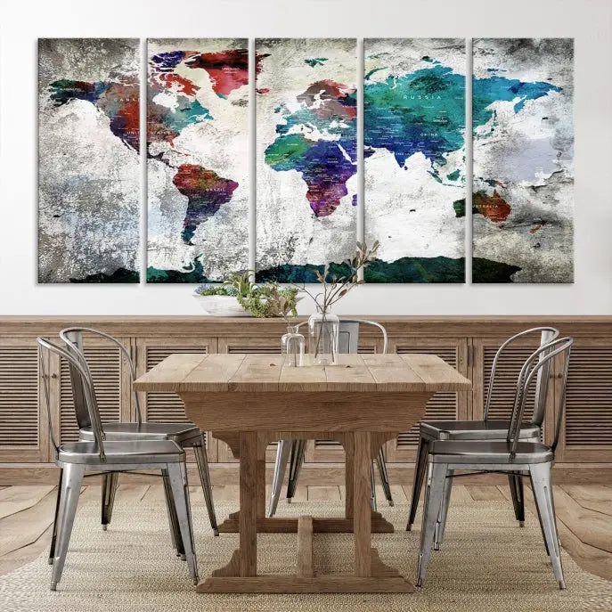 A three-panel World Map Wall Art Canvas Print, crafted with museum-quality materials, adorns the wall.