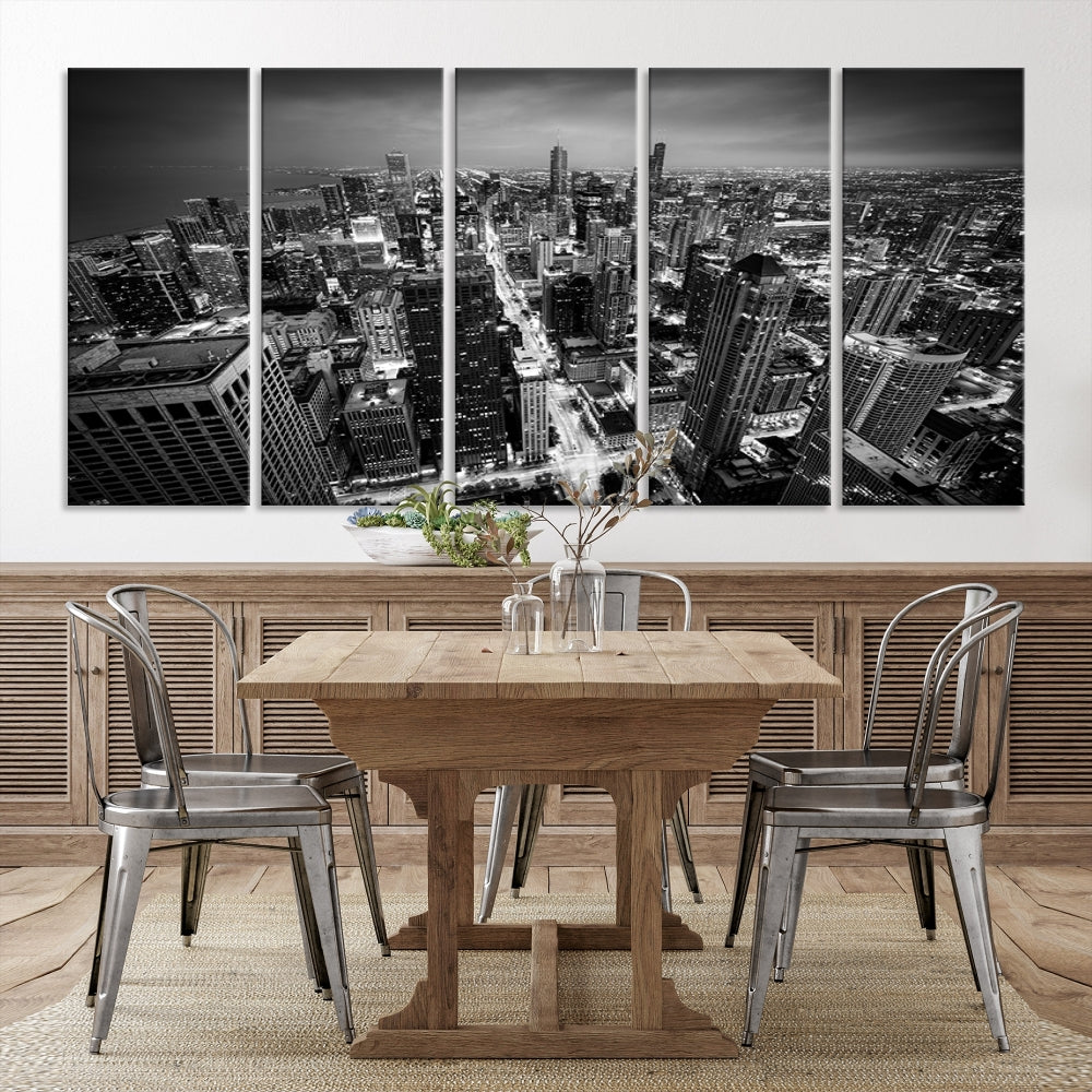 A Chicago Wall Art Canvas Print, specifically the Chicago City Night Canvas Print, is displayed in handcrafted frames.