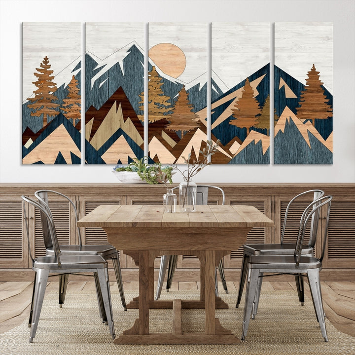 The Abstract Wood Panel Effect Mountain Range Top Wall Art Canvas Print is a striking three-panel art piece featuring mountains, trees, and the sun. Each canvas is gallery wrapped on museum-quality materials and comes with UV protection to ensure durability and preservation.