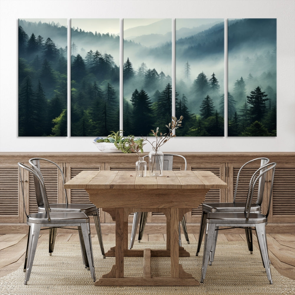 The Captivating Misty Forest Wall Art Premium Canvas Print offers a foggy and serene ambiance, enhancing the modern living room's atmosphere.