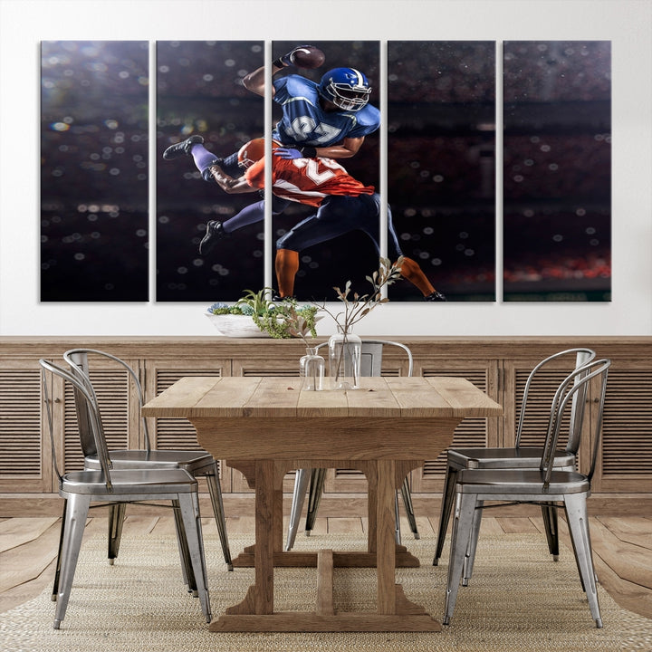 A stylish living room featuring a large gallery-quality American Football Wall Art Canvas Print, showcasing stadium sport imagery, on the wall.