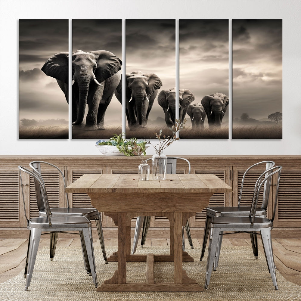 A modern living room features the "Elephants Wall Art Canvas Print," a triptych on museum-quality canvases with a UV-protective coating.