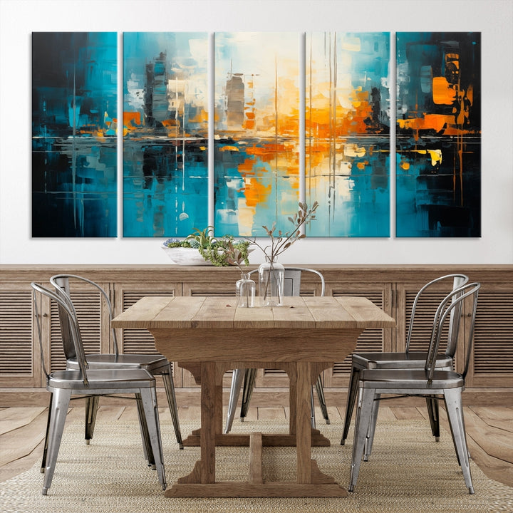 The Large Modern Abstract Wall Art Canvas Print, gallery wrapped on museum-quality canvas, enhances the modern living room setting.