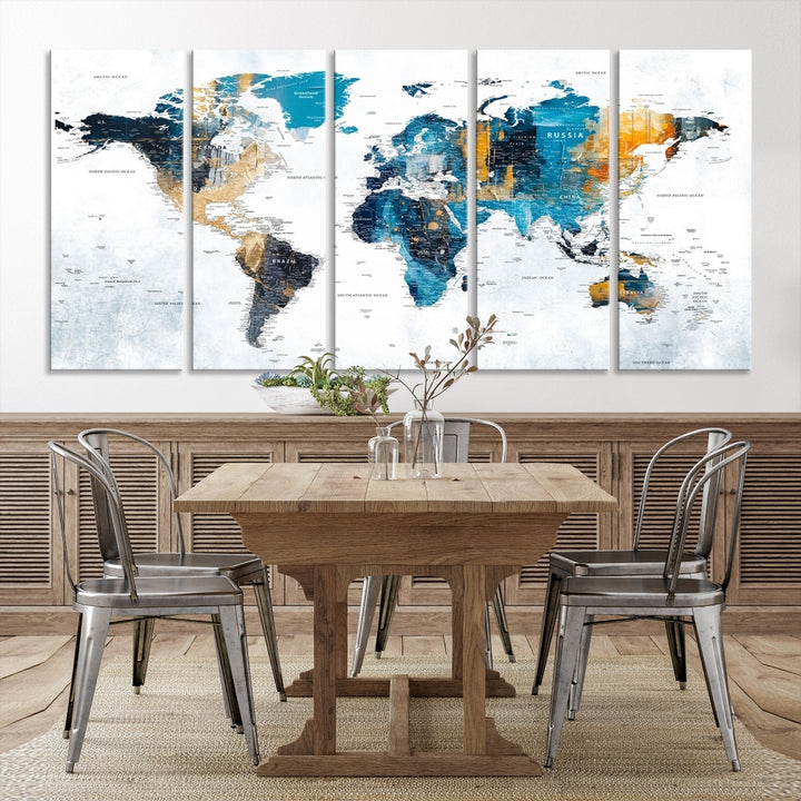 The World Map Turquoise Orange Wall Art Canvas Print, a triptych crafted on museum-quality canvases, adds aesthetic appeal and durability to the space.