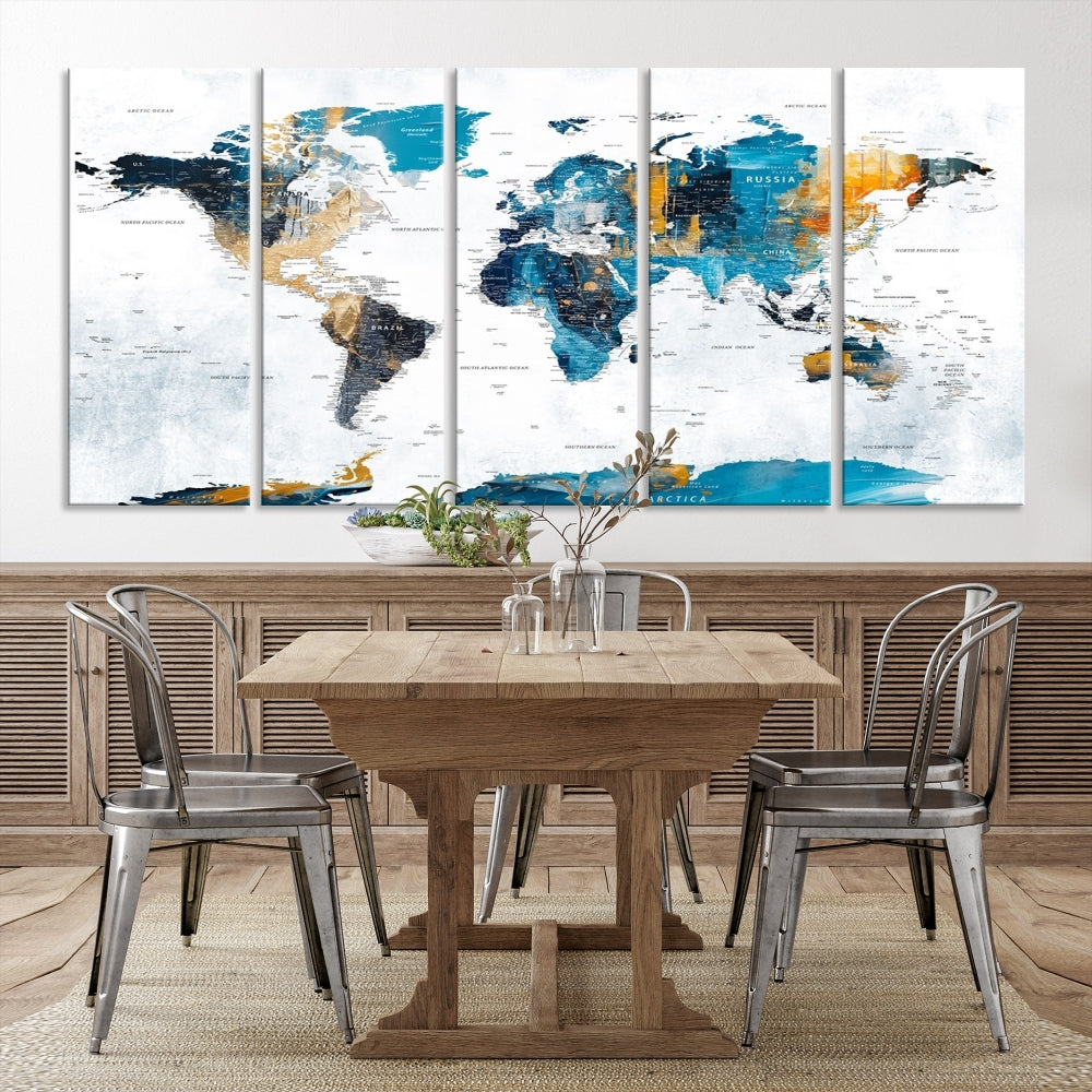 The "Turquoise Orange World Map Canvas Wall Art" showcases striking blue and orange tones. This museum-quality canvas features a UV-protective coating for enhanced durability and vibrant color retention.