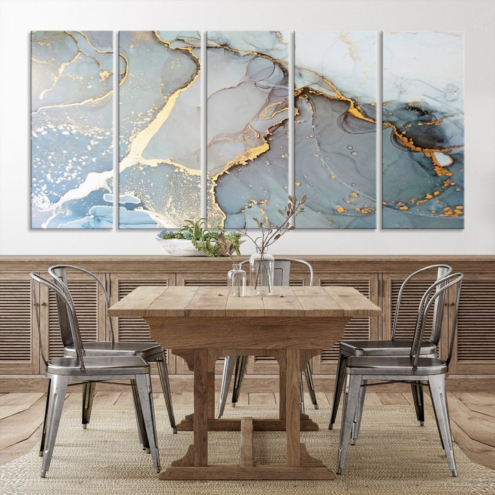 The Marble Texture Canvas Wall Art – Abstract Modern Design with Gold Accents is a perfect choice to enhance your modern space, featuring a triptych design on dark texture.