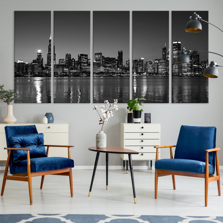 The Chicago Wall Art Canvas Print, a black and white triptych of a city skyline, adorns the space. This museum-quality canvas art arrives ready to hang, effortlessly merging sophistication with contemporary design.