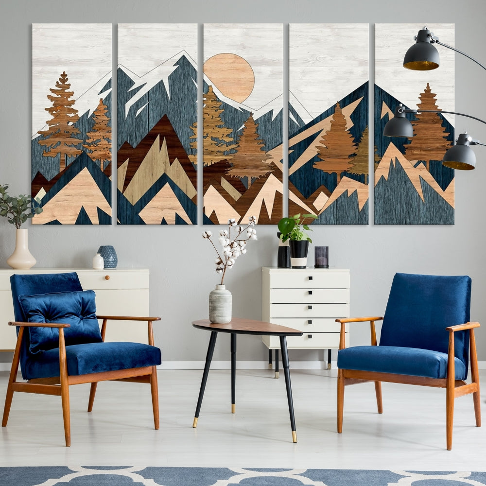 The Abstract Wood Panel Effect Mountain Range Top Wall Art Canvas Print is a striking three-panel art piece featuring mountains, trees, and the sun. Each canvas is gallery wrapped on museum-quality materials and comes with UV protection to ensure durability and preservation.