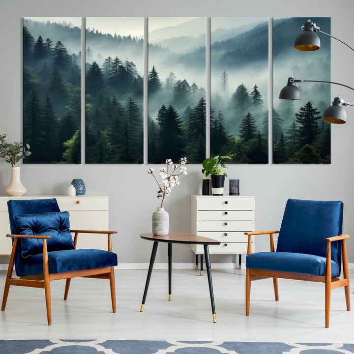 The Captivating Misty Forest Wall Art Premium Canvas Print offers a foggy and serene ambiance, enhancing the modern living room's atmosphere.