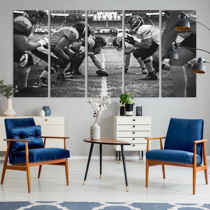 The "American Football Match Wall Art Canvas Print," featuring a black and white photo of a football game, is displayed as a triptych. This artwork is printed on museum-quality canvases and protected with a UV-coating.