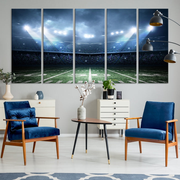 The *American Football Stadium Wall Art Canvas Print*, showcasing a lit football stadium, hangs prominently.