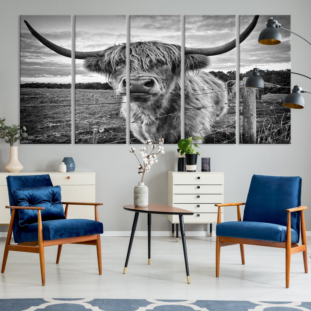 The "Scottish Highland Cow Canvas Wall Art Farmhouse Decor" adds a touch of rustic charm to your living room wall above the couch.