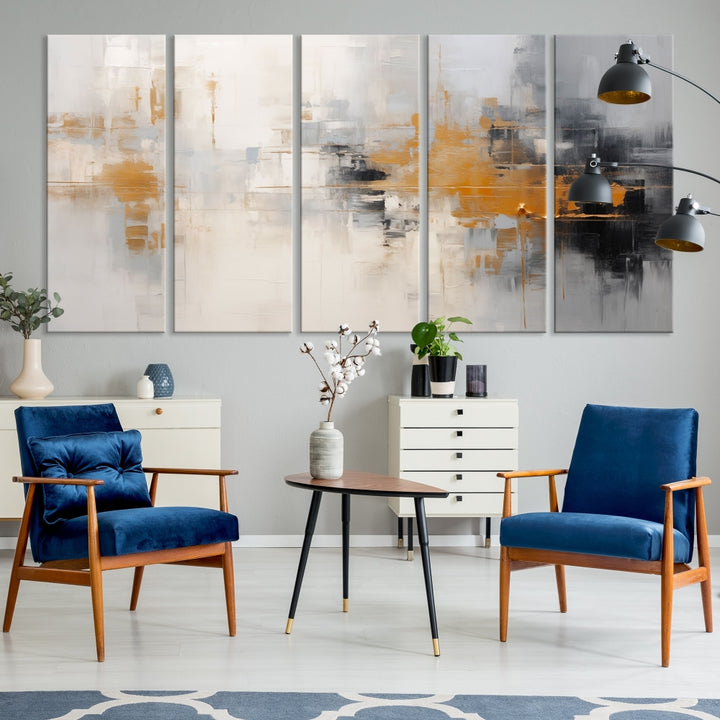 The Orange Pastel Abstract Wall Art Canvas Print, featuring a triptych of orange, white, and black hues, is elegantly displayed on museum-quality canvas.