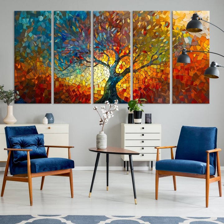 The Yggdrasil Tree of Life Mosaic Stained Glass Wall Art Canvas Print brings a burst of color to any room. Crafted on museum-quality canvas, this artwork enhances the space effortlessly and includes free shipping for your convenience.