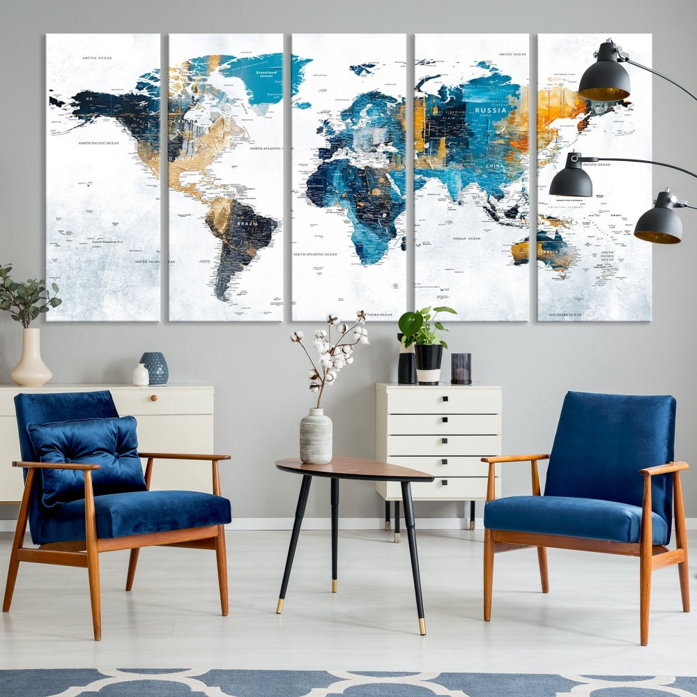 The World Map Turquoise Orange Wall Art Canvas Print, a triptych crafted on museum-quality canvases, adds aesthetic appeal and durability to the space.