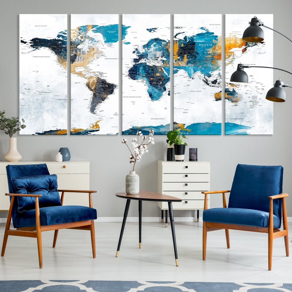 The "Turquoise Orange World Map Canvas Wall Art" showcases striking blue and orange tones. This museum-quality canvas features a UV-protective coating for enhanced durability and vibrant color retention.