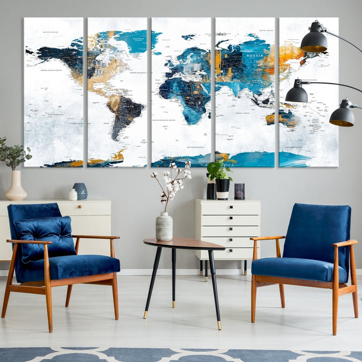 The "Turquoise Orange World Map Canvas Wall Art" showcases striking blue and orange tones. This museum-quality canvas features a UV-protective coating for enhanced durability and vibrant color retention.