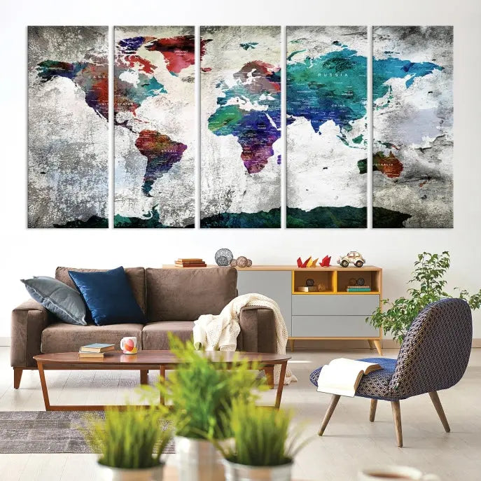 A three-panel World Map Wall Art Canvas Print, crafted with museum-quality materials, adorns the wall.