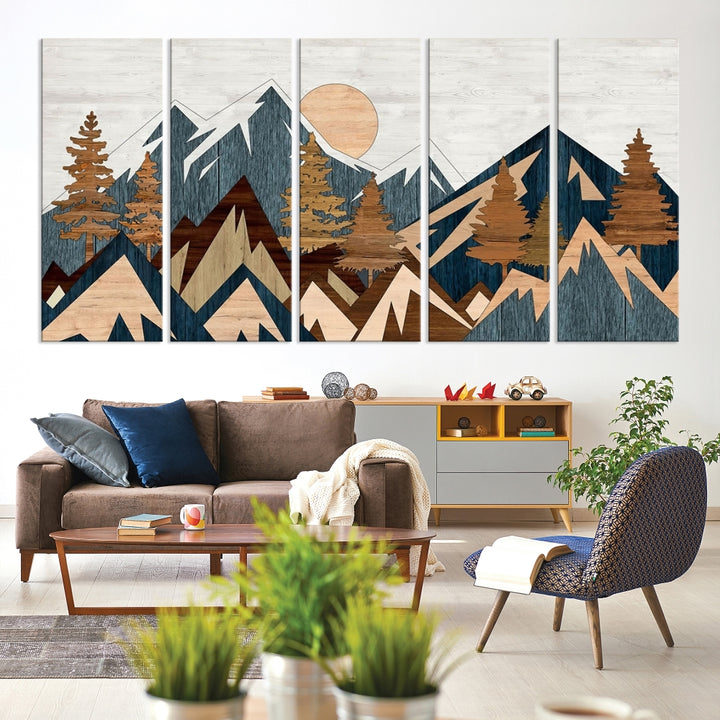 The Abstract Wood Panel Effect Mountain Range Top Wall Art Canvas Print is a striking three-panel art piece featuring mountains, trees, and the sun. Each canvas is gallery wrapped on museum-quality materials and comes with UV protection to ensure durability and preservation.