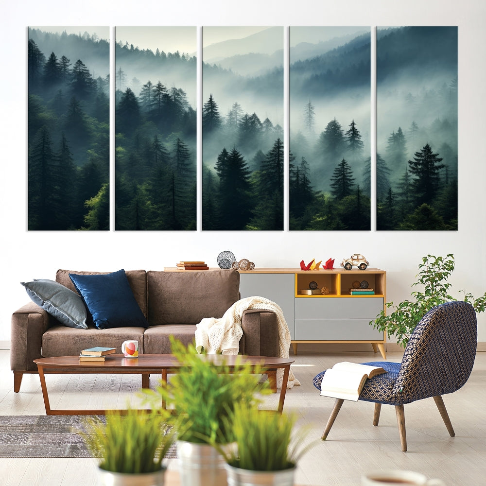 The Captivating Misty Forest Wall Art Premium Canvas Print offers a foggy and serene ambiance, enhancing the modern living room's atmosphere.