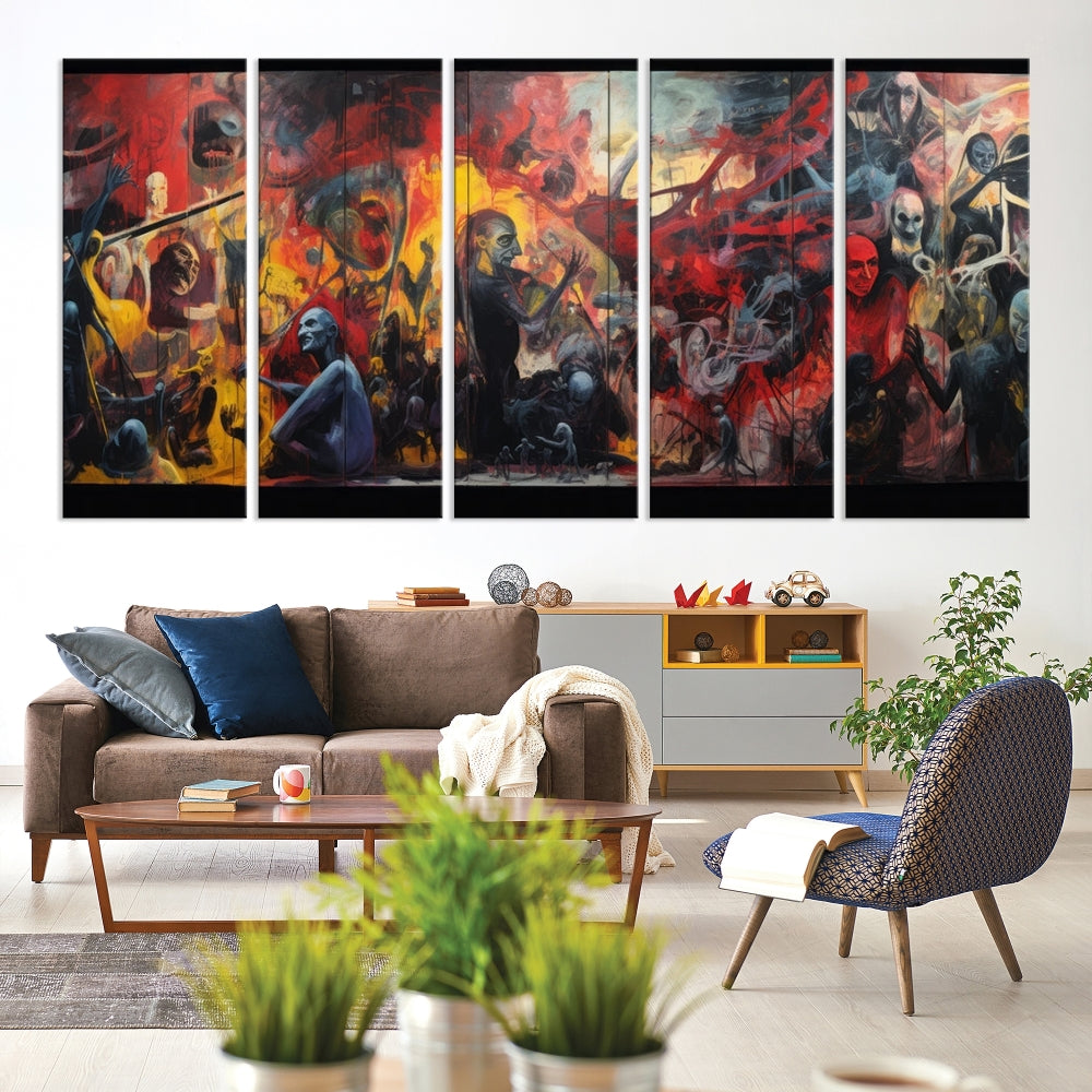 A vibrant Abstract Graffiti Wall Art triptych made of premium canvas, handmade in the USA, adorns the living room.