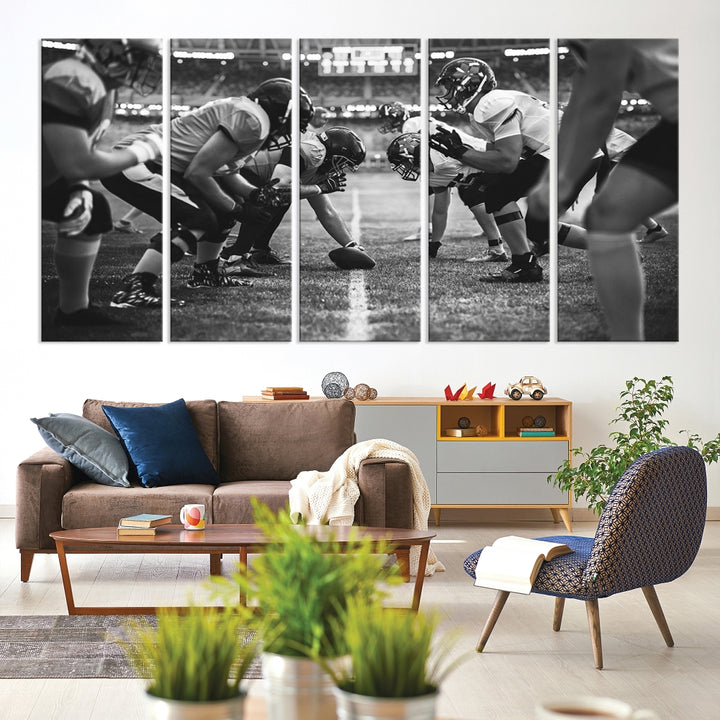 The "American Football Match Wall Art Canvas Print," featuring a black and white photo of a football game, is displayed as a triptych. This artwork is printed on museum-quality canvases and protected with a UV-coating.