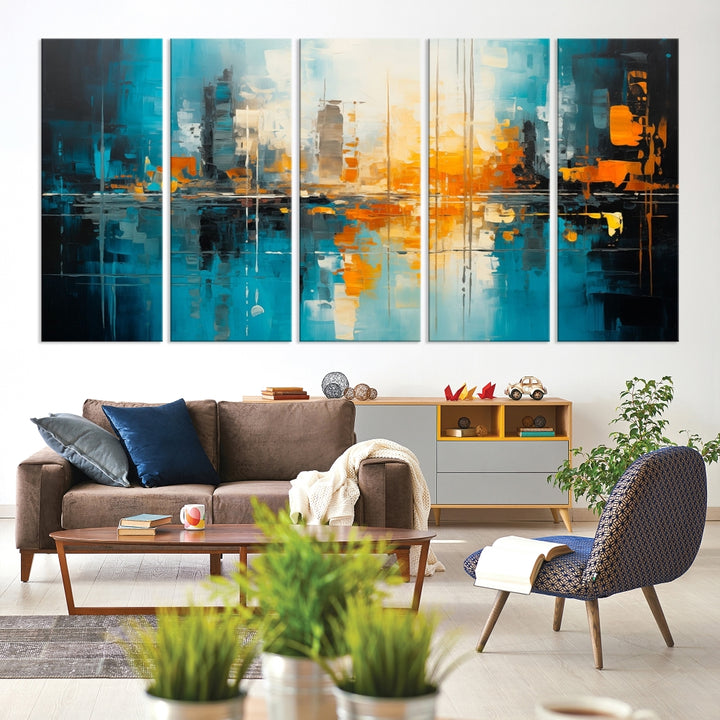 The Large Modern Abstract Wall Art Canvas Print, gallery wrapped on museum-quality canvas, enhances the modern living room setting.