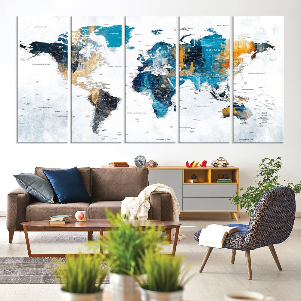 The World Map Turquoise Orange Wall Art Canvas Print, a triptych crafted on museum-quality canvases, adds aesthetic appeal and durability to the space.