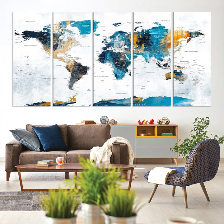 The "Turquoise Orange World Map Canvas Wall Art" showcases striking blue and orange tones. This museum-quality canvas features a UV-protective coating for enhanced durability and vibrant color retention.