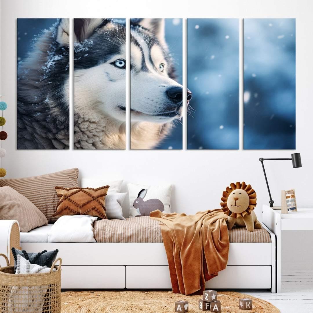 Art mural de loup Husky sibérien d'hiver Impression sur toile