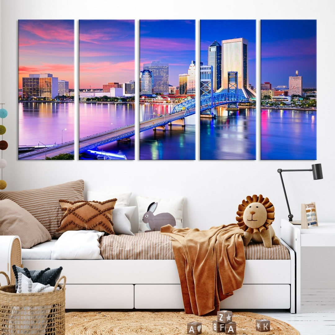 The Jacksonville Wall Art Canvas Print, showcasing the Jacksonville cityscape over a river at sunset, is elegantly crafted on museum-quality canvas with a UV-protective coating. Ready to hang, it elevates your space with its sophisticated charm.