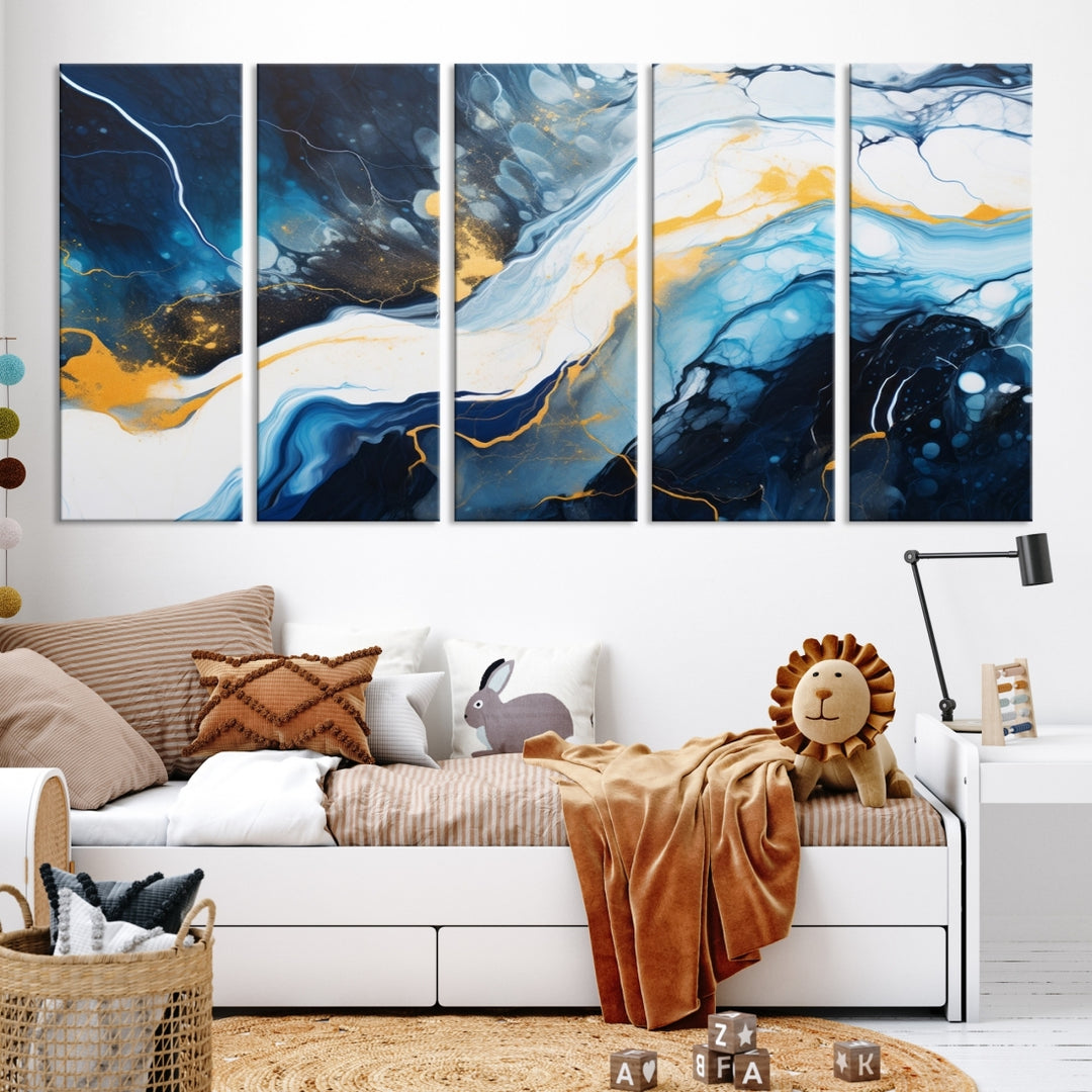 The Navy Blue Abstract Wall Art Canvas Print, displaying an exquisite array of blue, white, and gold swirls, is crafted on museum-quality canvas and enhances the space with its sophisticated elegance.