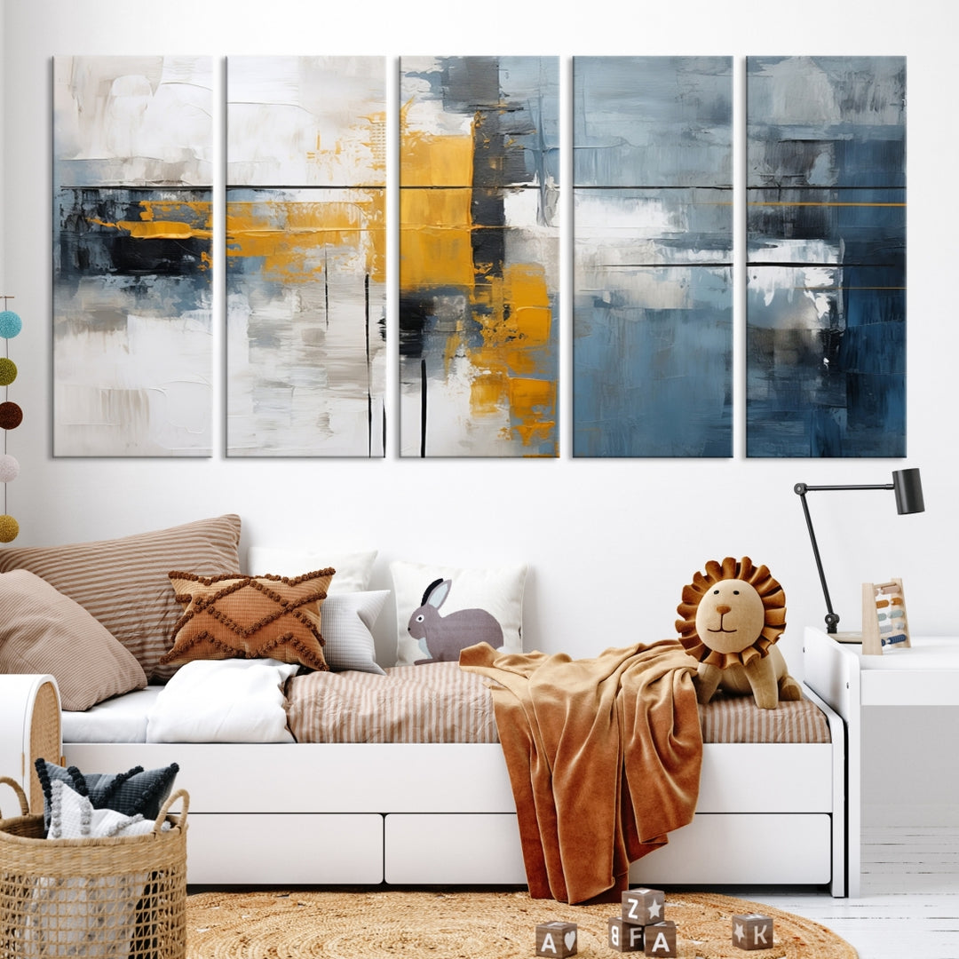 The Orange Abstract Wall Art Print features a series of white, blue, black, and yellow blocks arranged in a triptych format on museum-quality canvases. Proudly made in the USA and offered with free shipping.