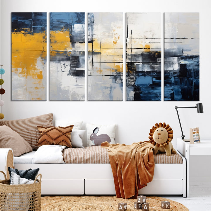 The Yellow Orange Blue Abstract Wall Art Print on gallery-wrapped, museum-quality canvases adds a vibrant touch to the room.