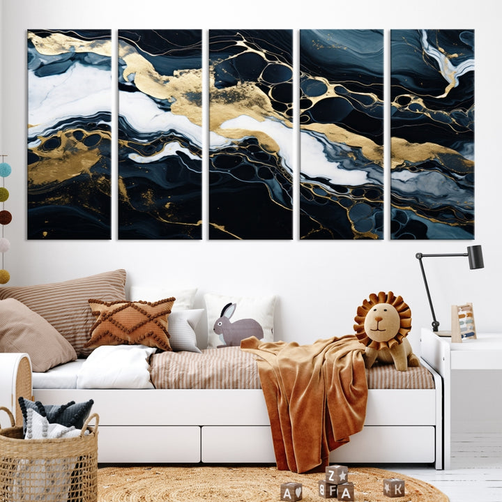 Fluid Marble Abstract Wall Art Print, a contemporary piece with black, white, and gold swirls on museum-quality canvas.