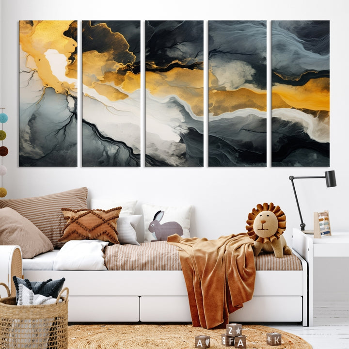 The Smoke Gray Green Golden Abstract Contemporary Art Canvas beautifully enhances a modern living room. Created on museum-quality canvas, this ready-to-hang artwork guarantees longevity and sophistication, perfectly aligning with the contemporary aesthetic.