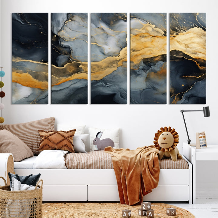 The living room features the Golden Gray Abstract Wall Art Print Contemporary Art Canvas Design, a triptych showcasing gold, black, and gray swirls. Crafted on museum-quality canvas and ready to hang, this piece is designed for elegance and durability.