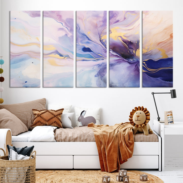 In the modern living room, a captivating Purple Color Abstract Wall Art Print graces the walls, mounted on museum-quality canvas, infusing the space with an artistic flair.