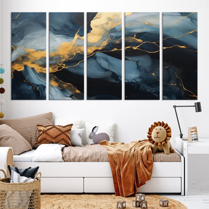 Contemporary artwork print featuring abstract blue and gold swirls on gallery wrapped, museum-quality canvas.