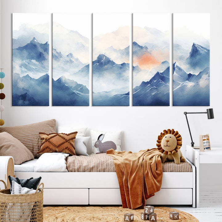 Blue Orange Abstract Mountain Wall Art