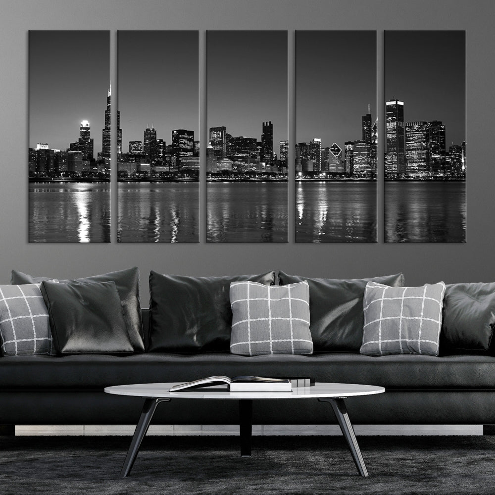 The Chicago Wall Art Canvas Print, a black and white triptych of a city skyline, adorns the space. This museum-quality canvas art arrives ready to hang, effortlessly merging sophistication with contemporary design.