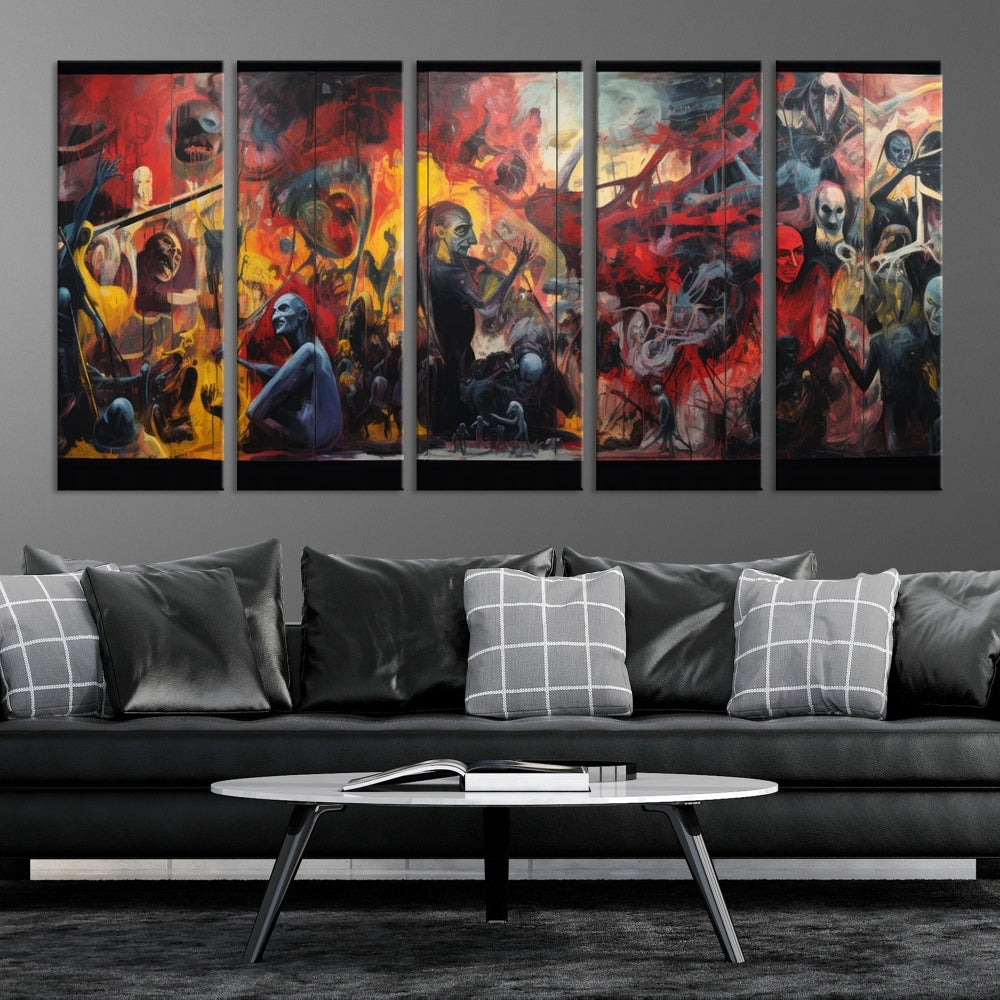 A vibrant Abstract Graffiti Wall Art triptych made of premium canvas, handmade in the USA, adorns the living room.