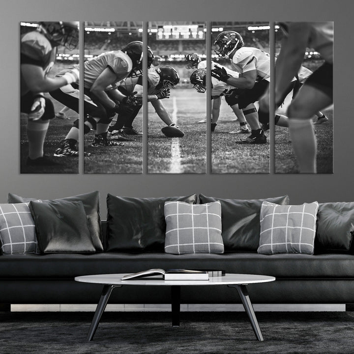 The "American Football Match Wall Art Canvas Print," featuring a black and white photo of a football game, is displayed as a triptych. This artwork is printed on museum-quality canvases and protected with a UV-coating.