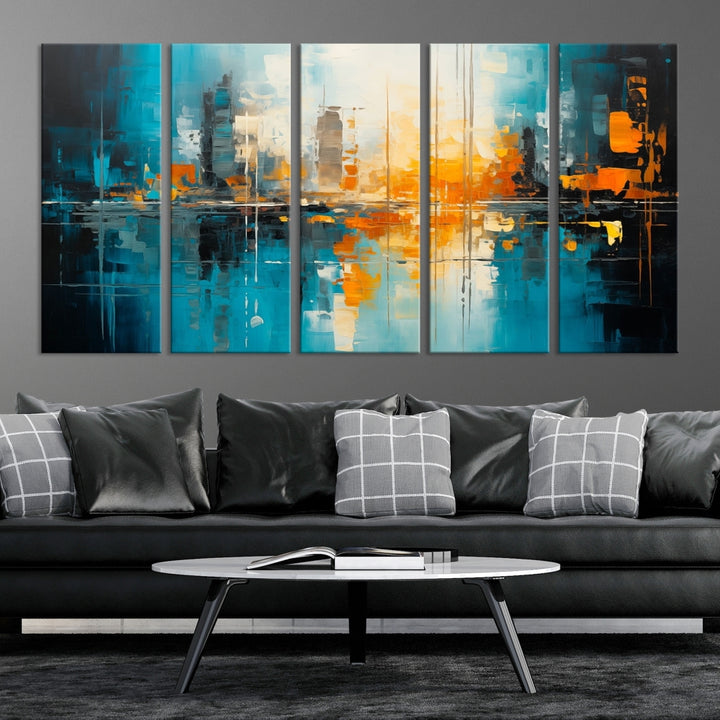 The Large Modern Abstract Wall Art Canvas Print, gallery wrapped on museum-quality canvas, enhances the modern living room setting.