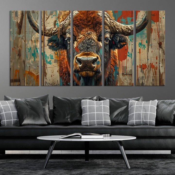 Bisonte lienzo pared arte American Buffalo Print Buffalo Impresión original Decoración rústica Arte de la pared de la granja Bison Wood fondo Large Wall Art